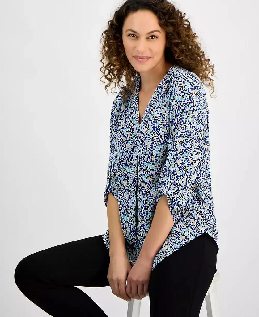 AK Anne Klein Petite Long-Sleeve V-Neck Pleat-Front Printed Tunic 2