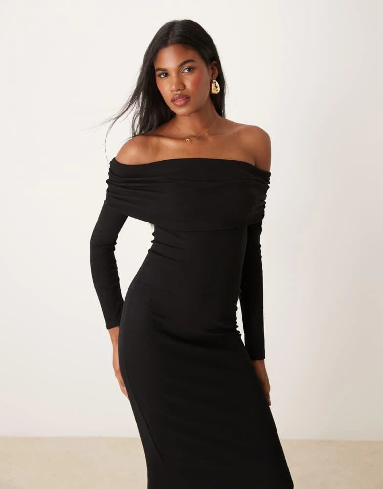 fitted lace wedding dress Amaia Black Bardot Long-Sleeve Maxi Dress – Club L London main image 0