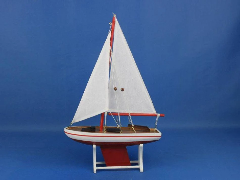 Handcrafted Cast Iron Wooden Decorative Sailboat 12" - Red Sailboat Model 2
