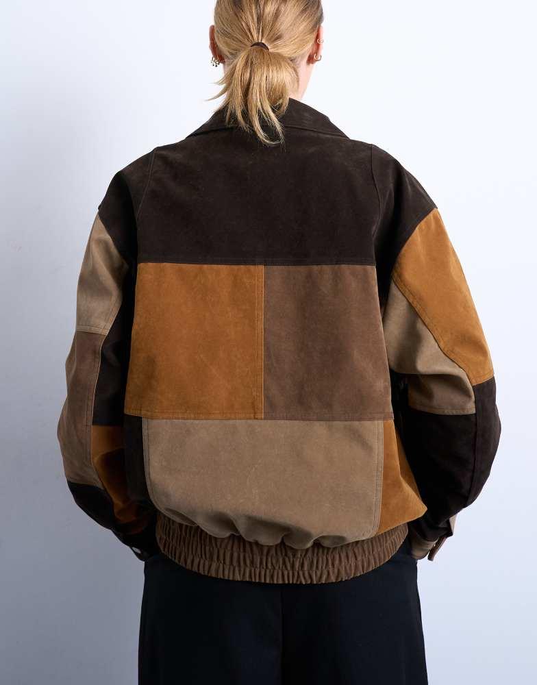 Topshop Topshop faux suede patchwork bomber jacket in multi Topshop Topshop faux suede patchwork bomber jacket in multi