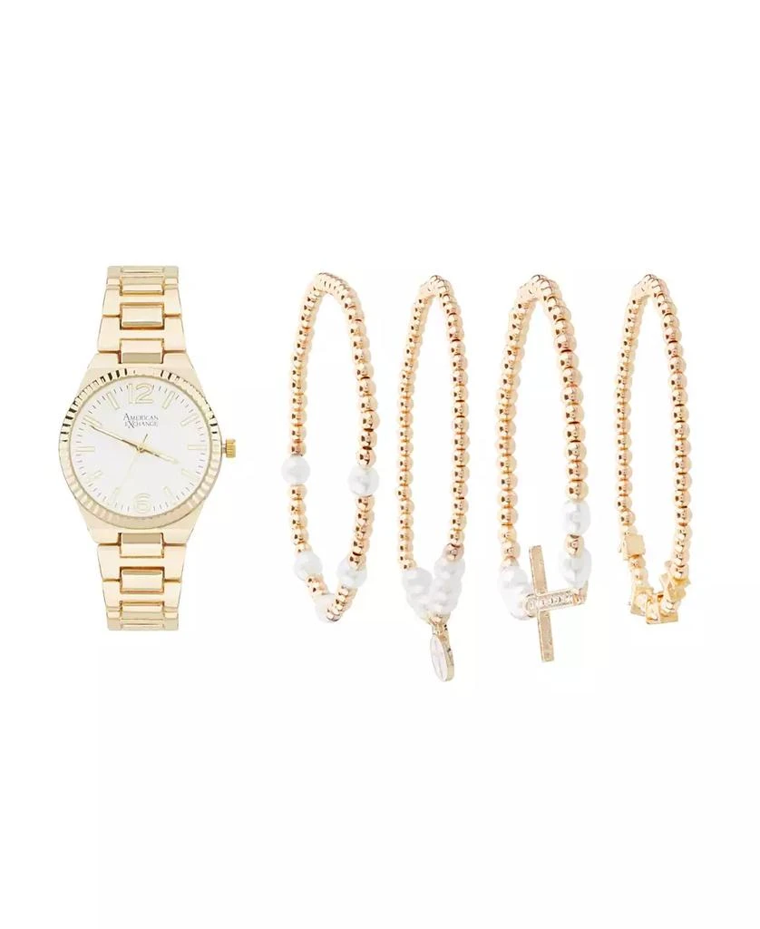 American Exchange Women's Shiny Gold Metal Alloy Analog Watch 33mm with Stackable Bracelets Gift Set 1
