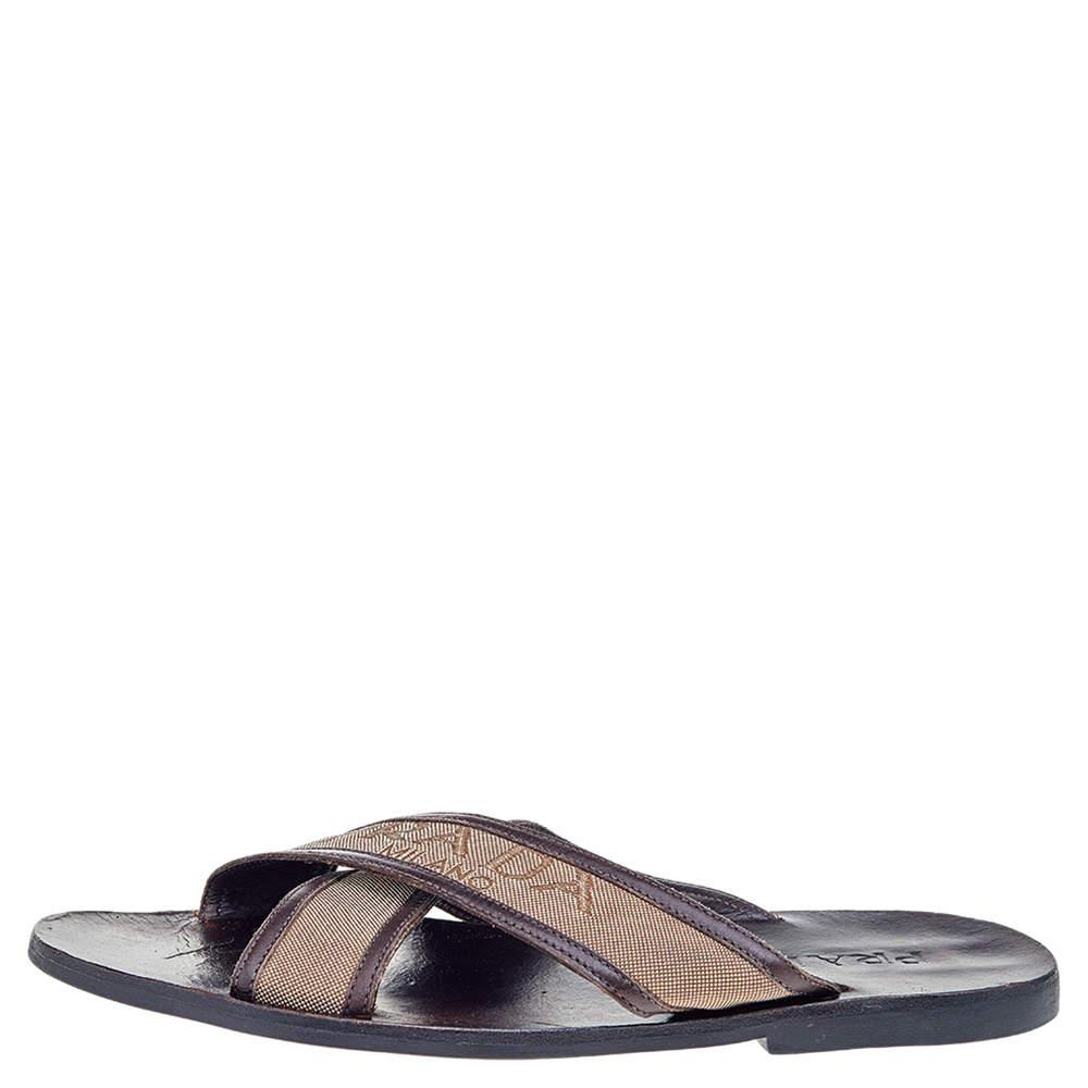 Prada Prada Dark Brown/Beige Leather And Canvas Criss Cross Flat Slide Sandals Size 44