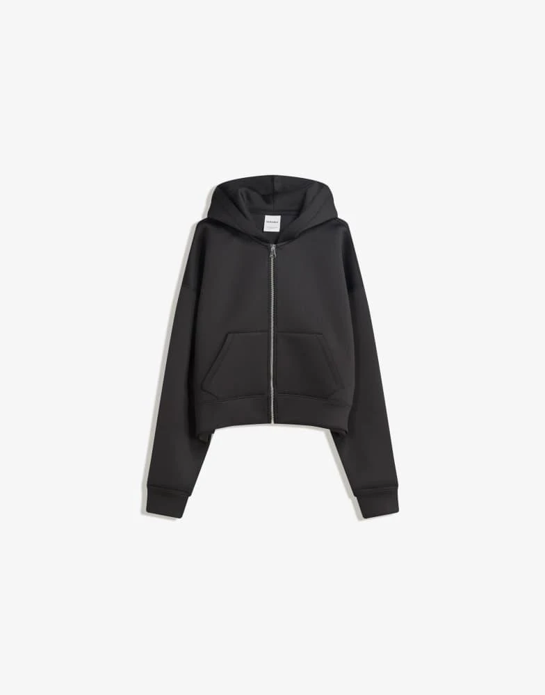 Shop Bershka Neoprene-effect oversize zip-up sweatshirt in black