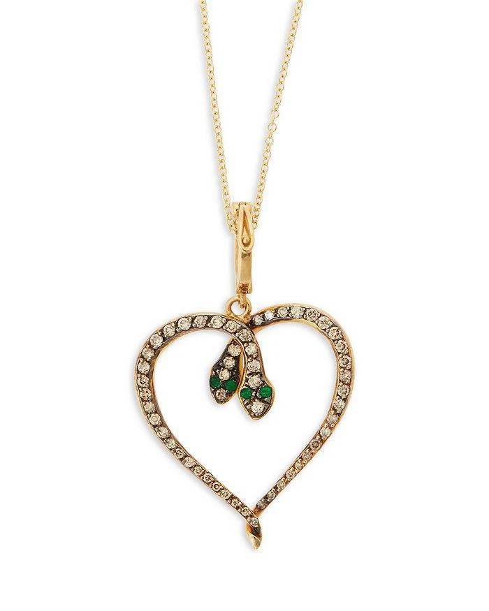 Ileana Makri 18K Yellow Gold Fine Snake Champagne Diamond 
Emerald Two Snake Heart Pendant