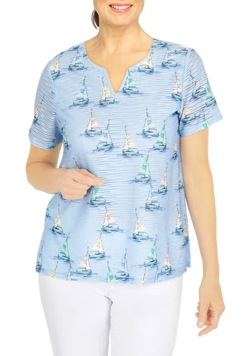 Alfred Dunner Dunner Womens Short Sleeve Sailboat Split Neck T Shirt 1