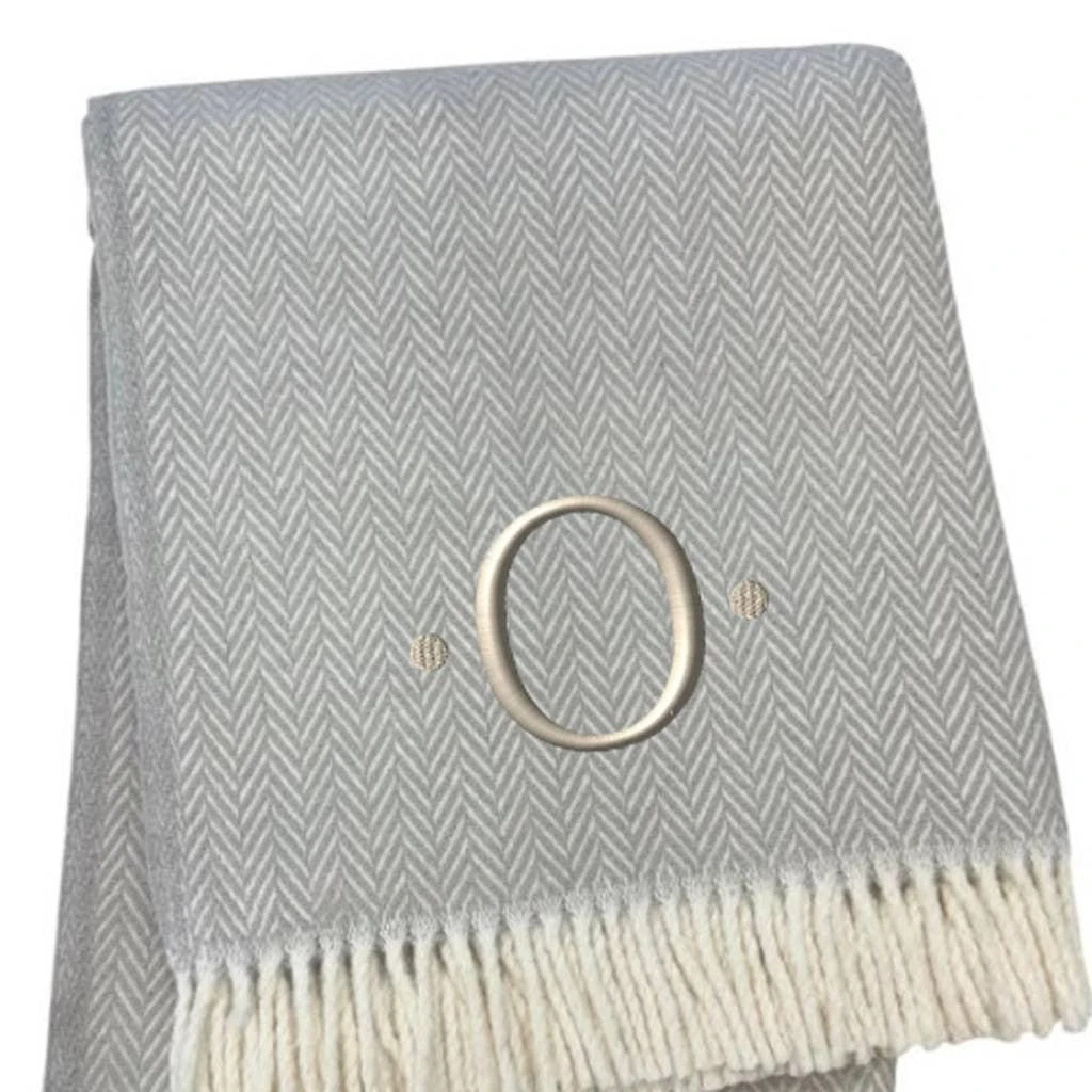 Hivvago 55" X 70" Gray And White Herringbone Cotton Blend O Initial Throw Blanket with Tassels And Embroidery 3