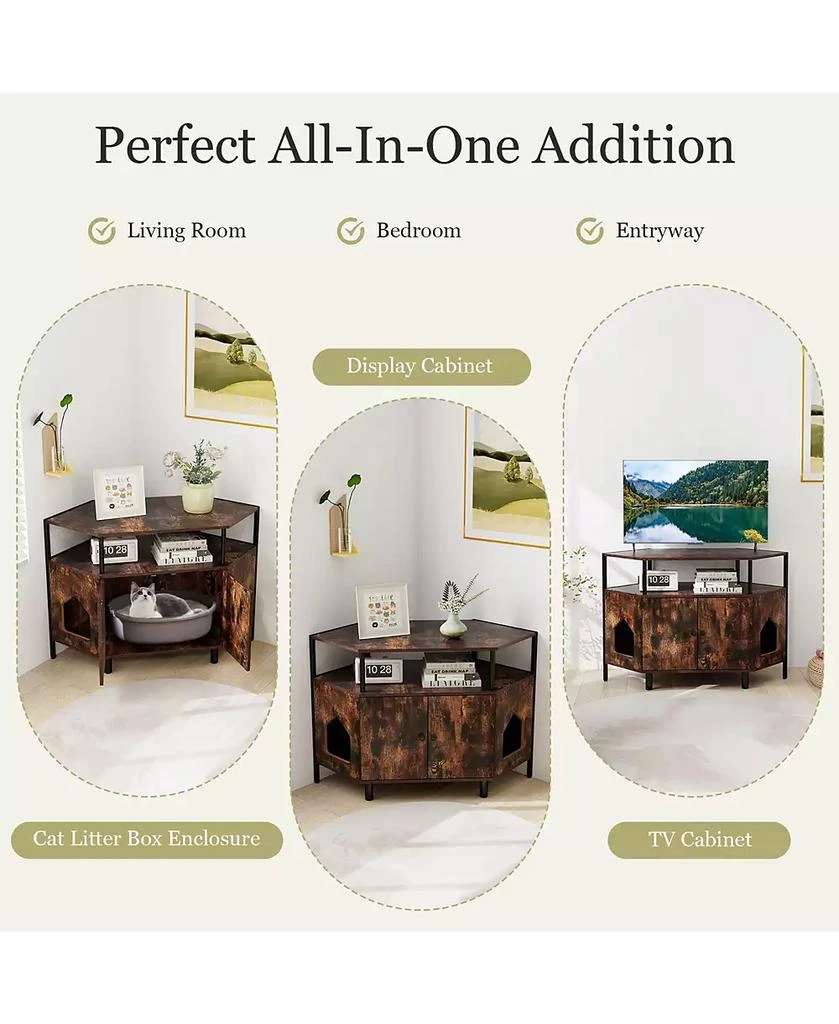 Gymax Corner Cat Litter Box Enclosure End Table w/ Open Shelf 2 Entries Double Doors 10