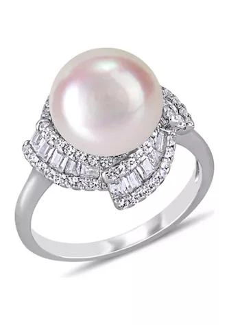 Belk 
Co. 10.5-11 Millimeter Cultured Freshwater Pearl and 1.1 ct. t.w. Cubic Zirconia Geometric Ring in Sterling Silver