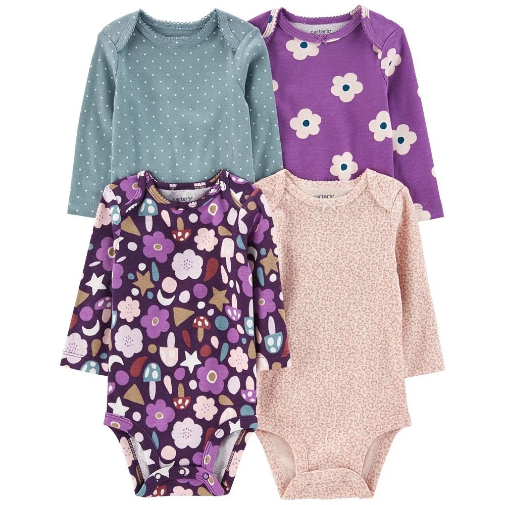 Carter's Baby Girls Floral Printed Long Sleeved Bodysuits, Pack of 4 1