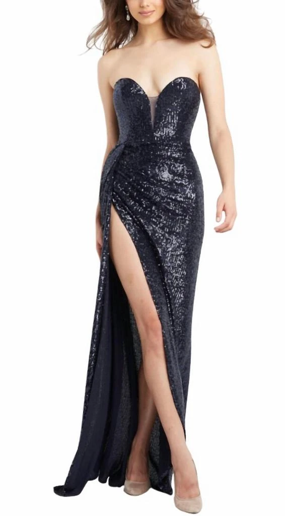 Jovani Jovani - Strapless sequin gown high slit 1
