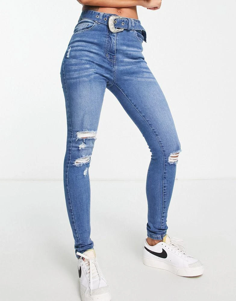 Parisian Parisian belted skinny jeans in mid blue 4