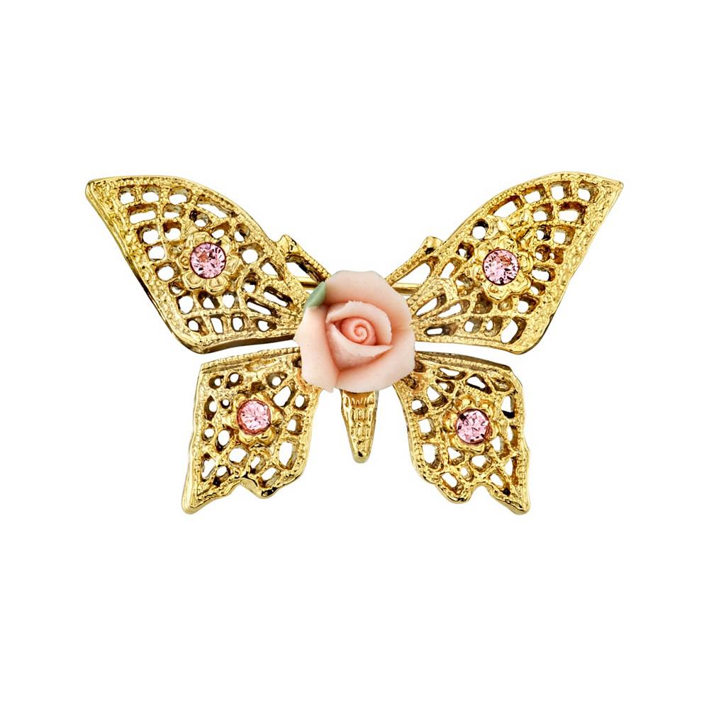 2028 Gold-Tone Pink Crystal and Porcelain Rose Butterfly Brooch