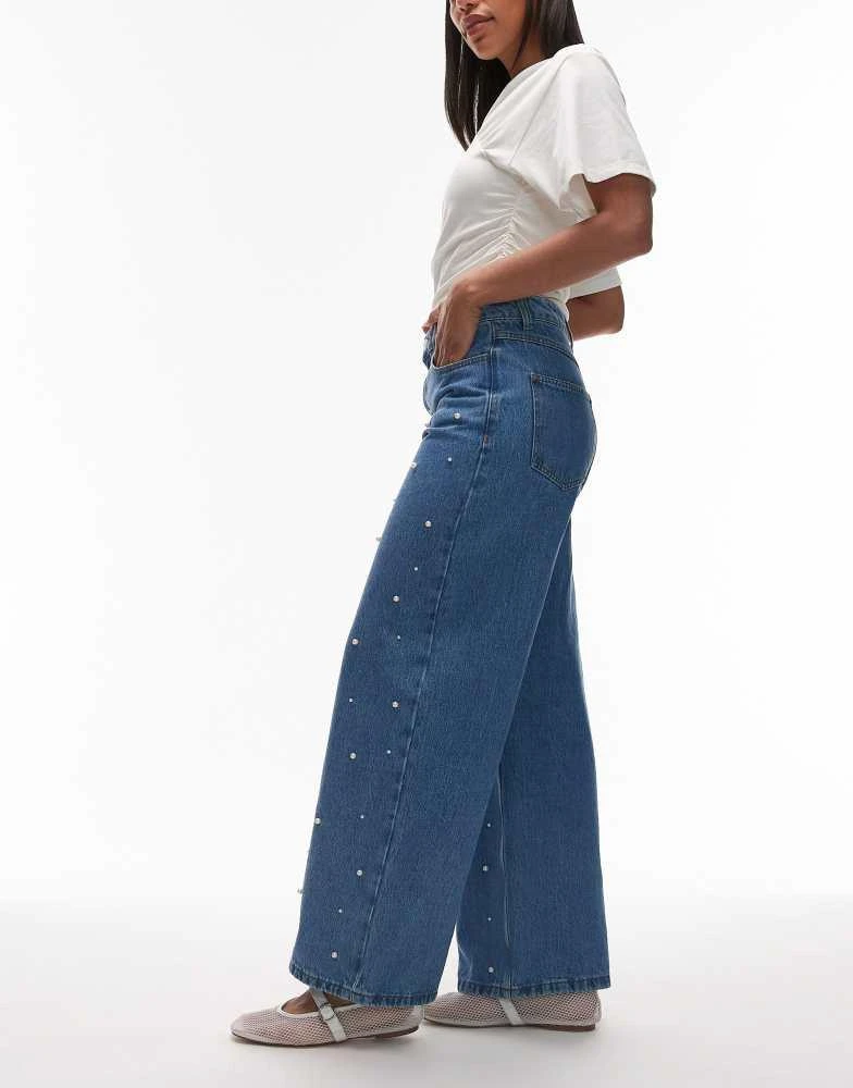 ASOS ASOS DESIGN wide leg jean with pearl detail in mid blue 3