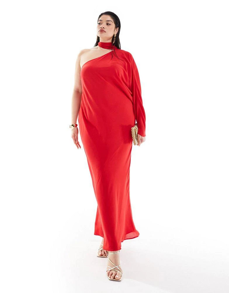 ASOS ASOS DESIGN Curve exclusive one sleeve tie neck maxi dress with batwing detail in red 1