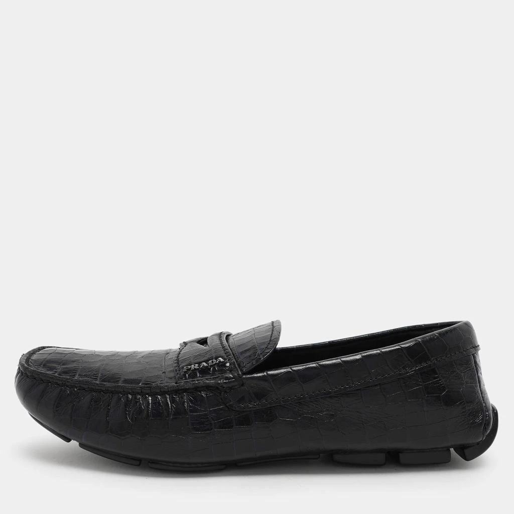 Prada Dark Navy Leather Loafers with Croc Penny Detail Prada Blue Crocodile Leather Loafer Flats Size 9 US main image 4