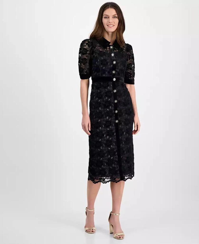 Tahari Women's Lace Velvet-Trim Shirtdress 1