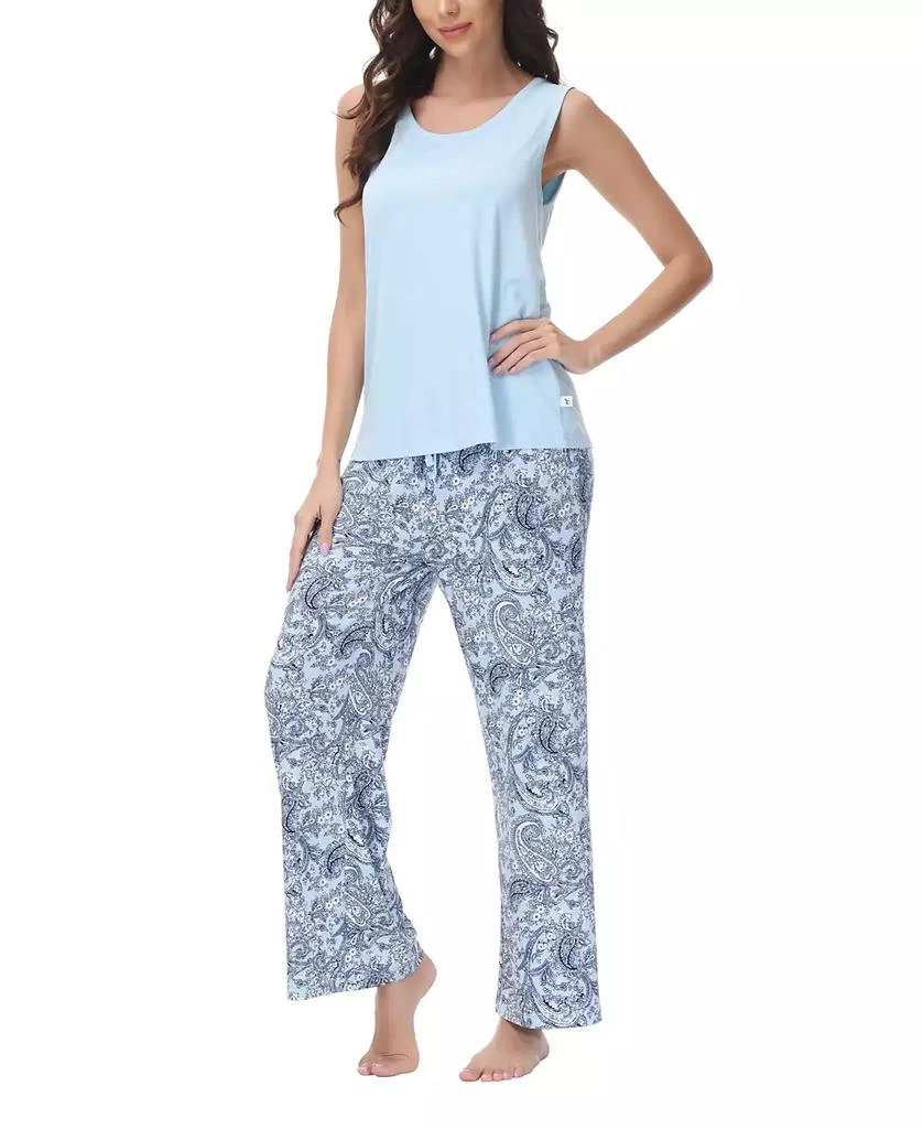 Echo Design Women's Solid 2 Piece Tank Top with Printed Wide Pants Pajamas Set 4