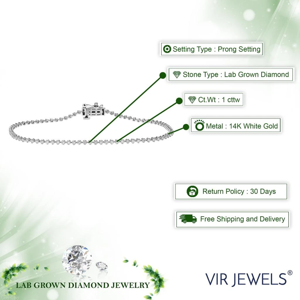 Vir Jewels 1 cttw Diamond Bracelet for Women, Round Lab Grown Diamond Bracelet 14K White Gold Prong Setting, 7 Inch 3