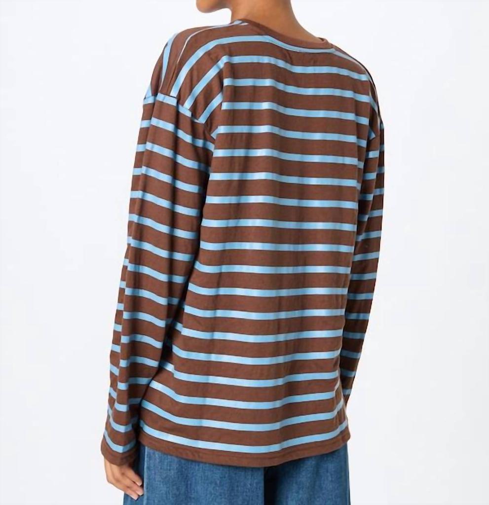 Daisy Street Striped Crew Neck Long Sleeve Top In Navy/brown