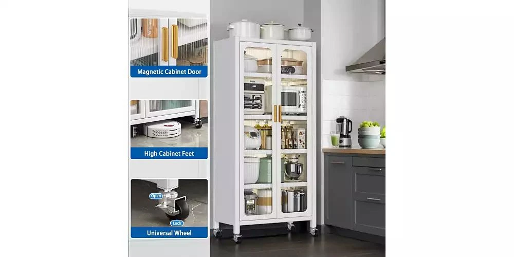 Flynama 65inch Kitchen Pantry Storage Cabinet 6 Tier Metal Display Cabinet with Transparent Door Adjustable Shelves Wheels White 7