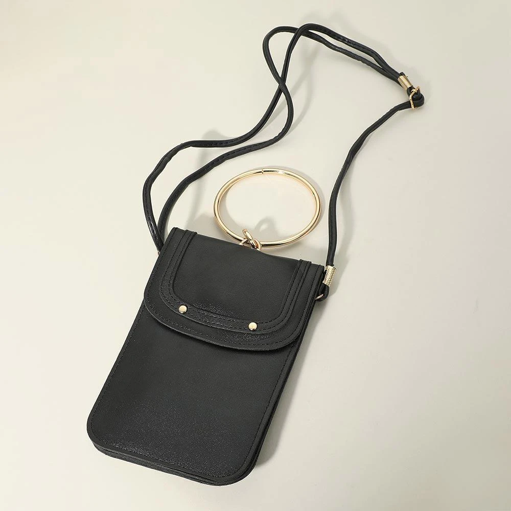 FASHNZFAB Metal Ring Handle Faux Leather Mini Phone Pouch Clutch Bag / Crossbody Bag 2