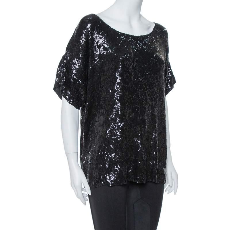 PIERRE BALMAIN Pierre Balmain Black Sequin Embellished Oversized Knit Top M