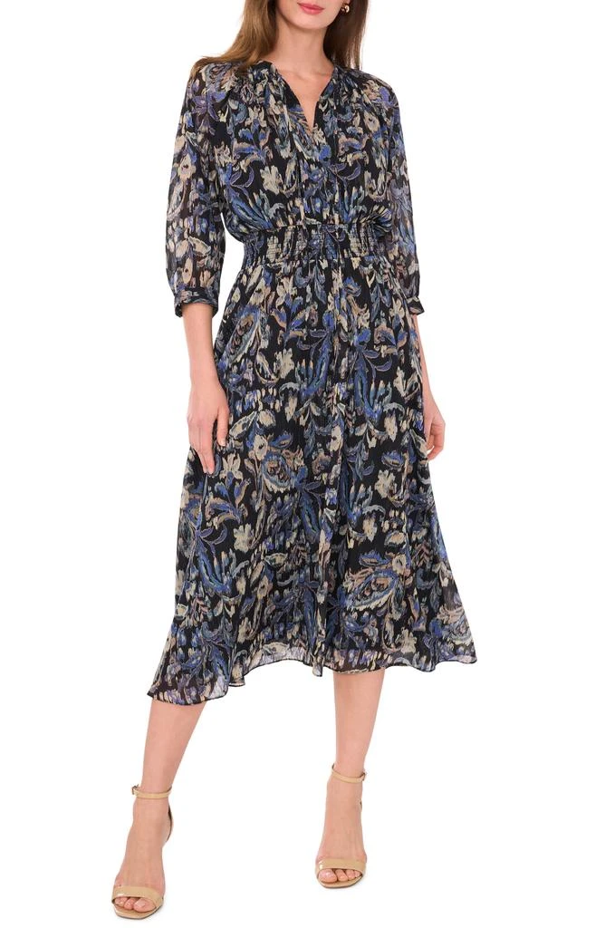 Halogen Print Smocked Waist Chiffon Midi Dress 1