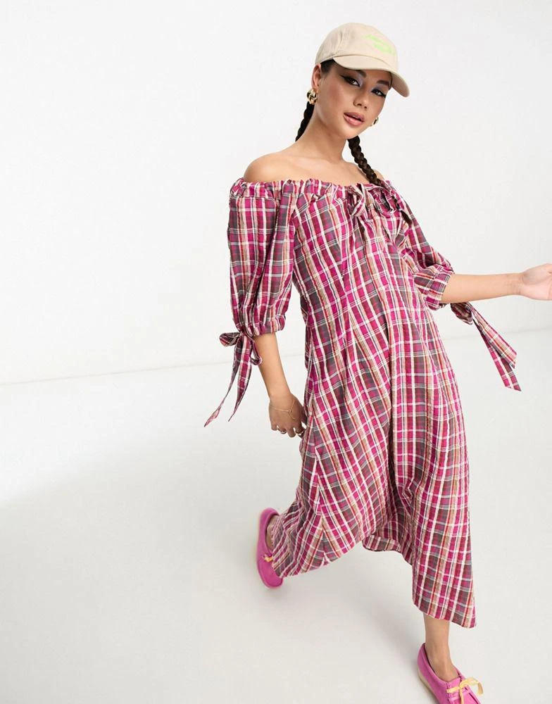 Shop Damson Madder check print bow detail midi dress in raspberry pink on  Sale at BeyondStyle  Get 20% Off Damson Madder check print bow detail midi  dress in raspberry pink with