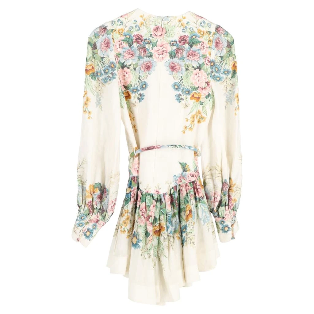 Zimmermann Floral Print Mini Belted Long Sleeve Dress in Multicolor Linen 2