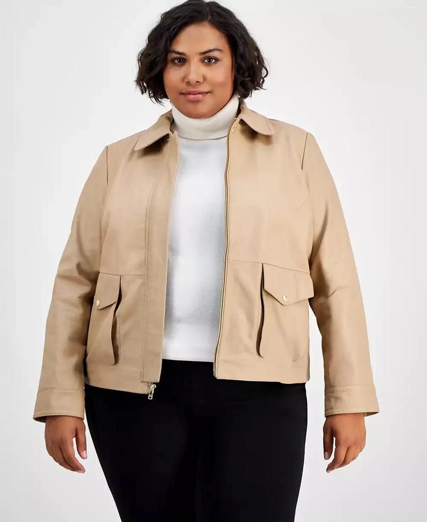 Cole Haan Plus Size Leather Zip-Front Collared Coat 1