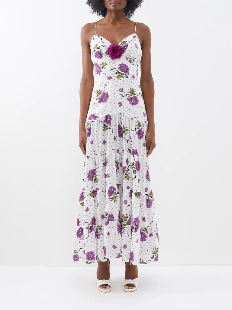 Rodarte Floral-appliqué printed silk slip dress 1