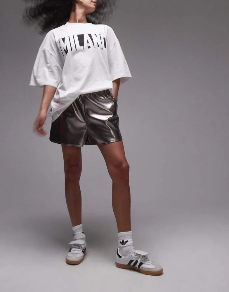 Topshop Topshop faux leather runner short in gunmetal 3