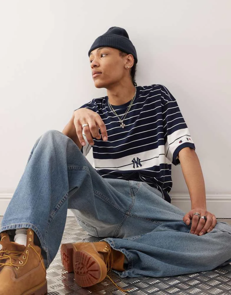 CHAMPION Champion t-shape striped NY logo t-shirt in navy 2