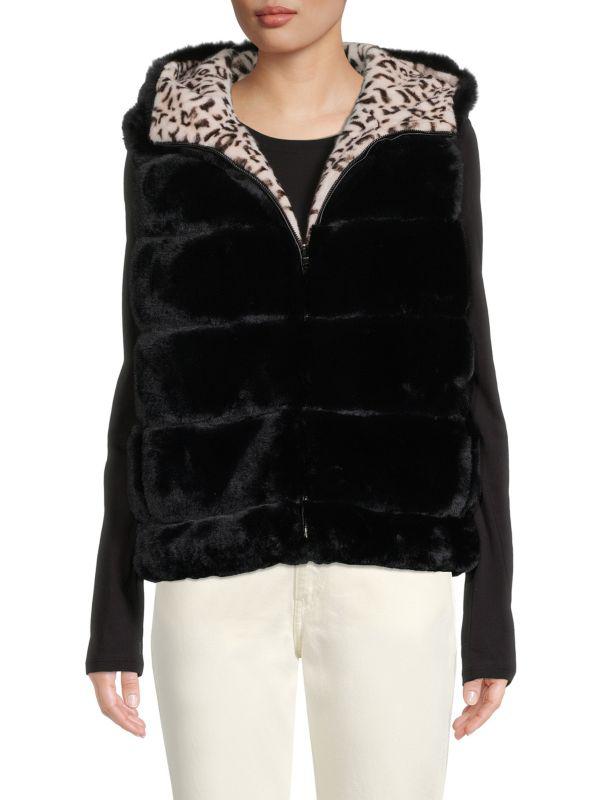 Adrienne Landau Leopard Print Faux Fur Reversible Hooded Vest