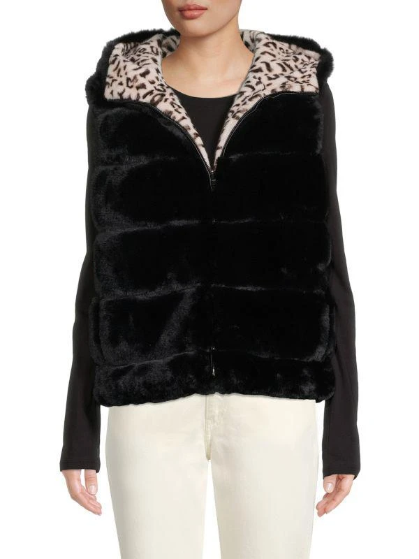 Adrienne Landau Leopard Print Faux Fur Reversible Hooded Vest 1