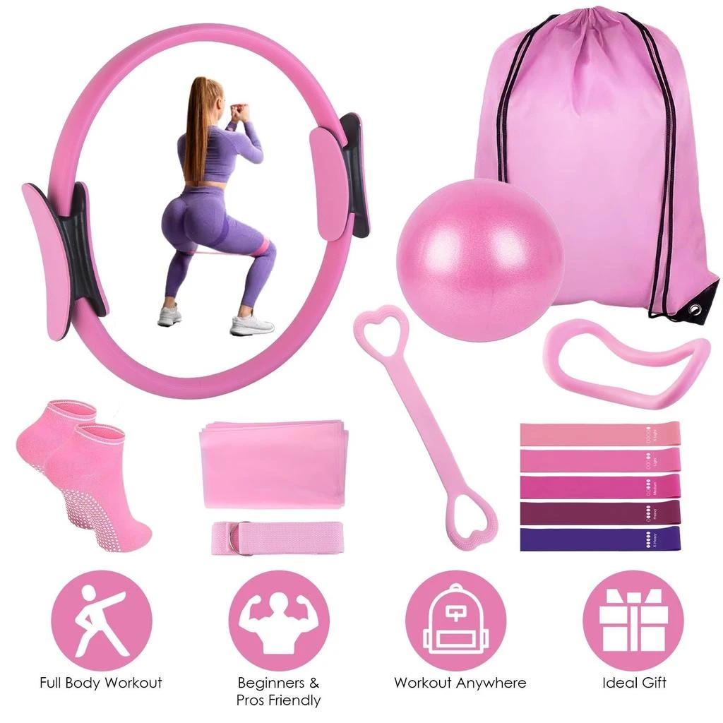 FITSAULIC 14Pcs Pilates Ring Essentials Kit For Women with Yoga Ball Arm Stretcher 5 Resistant Bands Figure 8 Resistant Band Elastic Band Non-slip Socks Yoga Strap 2
