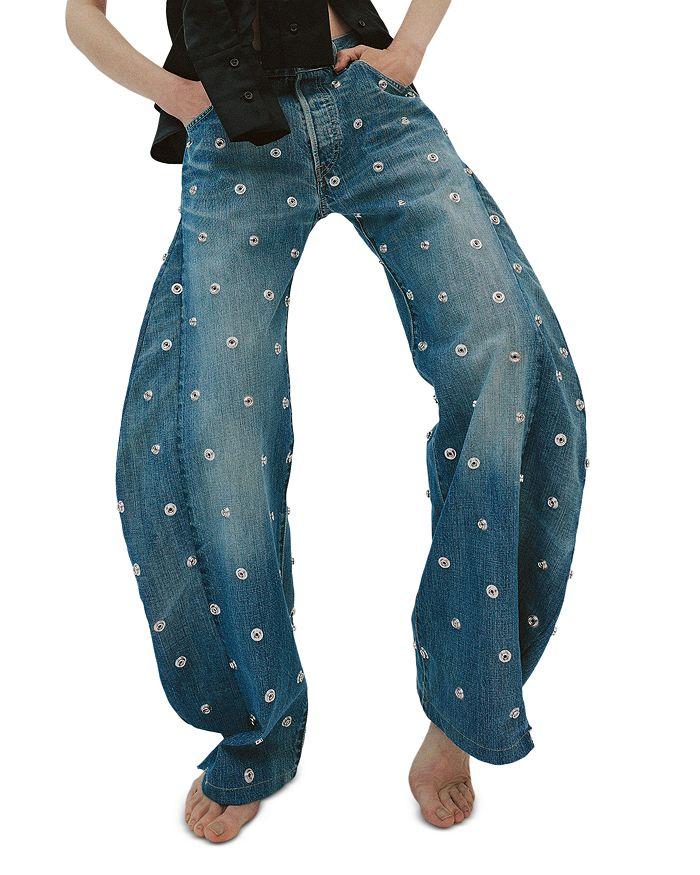 A.W.A.K.E. Mode Studded High Rise Barrel Jeans in Blue Denim