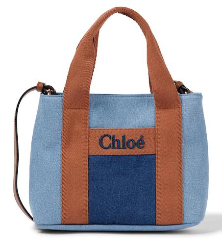 Chloé Logo leather-trimmed denim tote bag