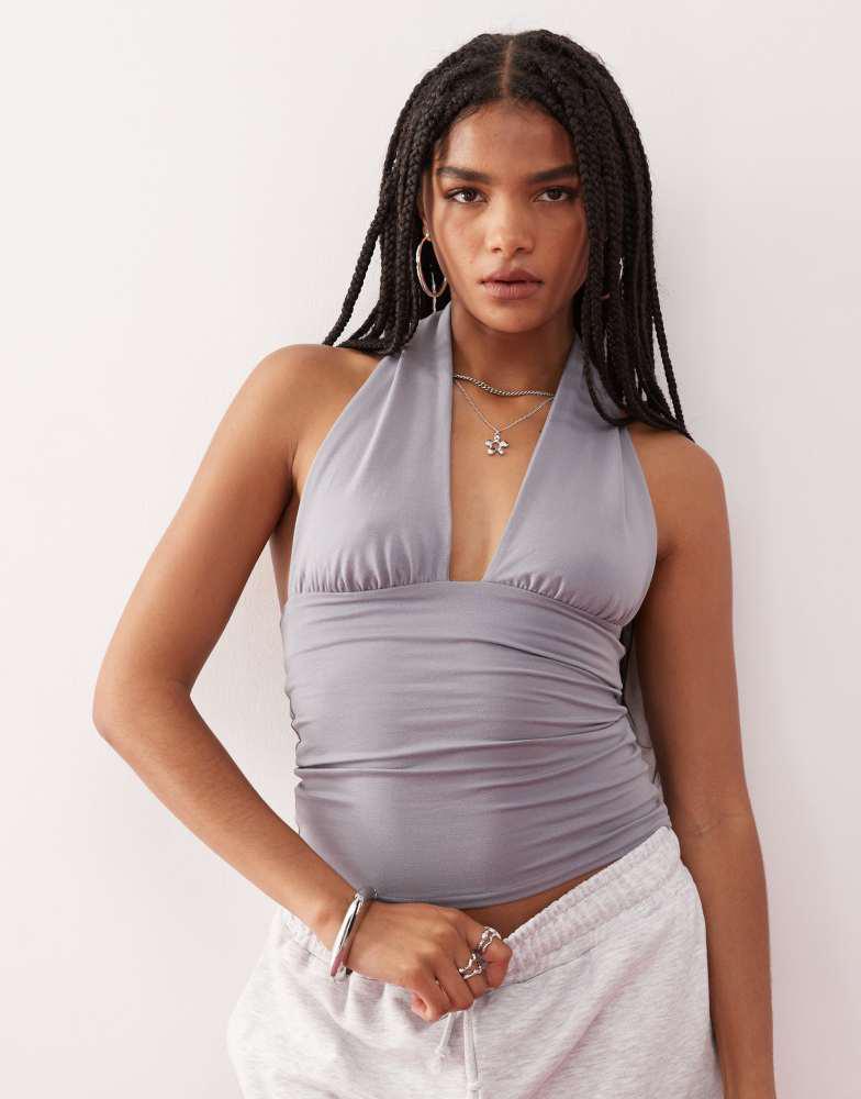 Weekday Weekday deep halter neck top in dark grey