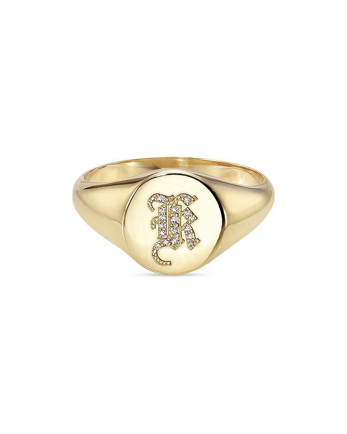 Zoe Lev 14K Yellow Gold Diamond Gothic Initial Small Signet Ring