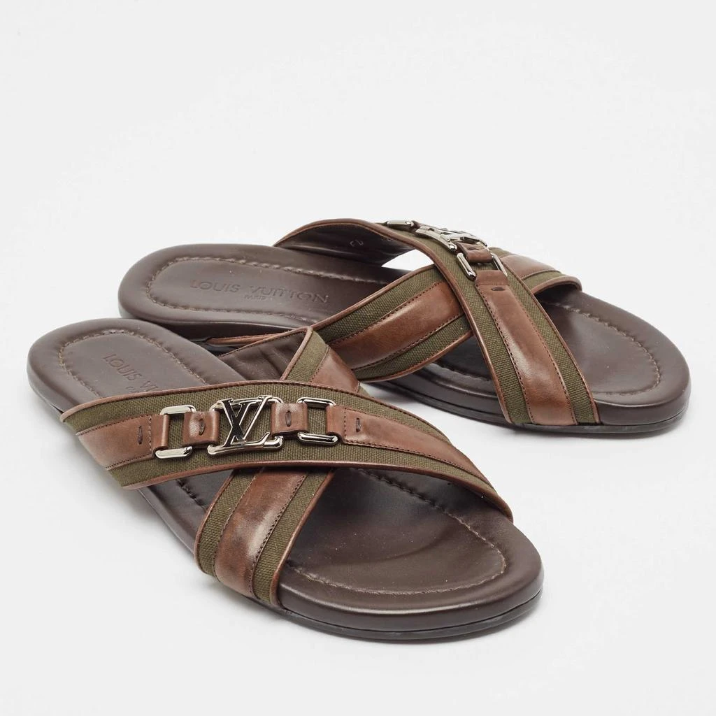 Louis Vuitton Louis Vuitton Brown/Green Leather and Canvas Flat Slides Size 42.5 4