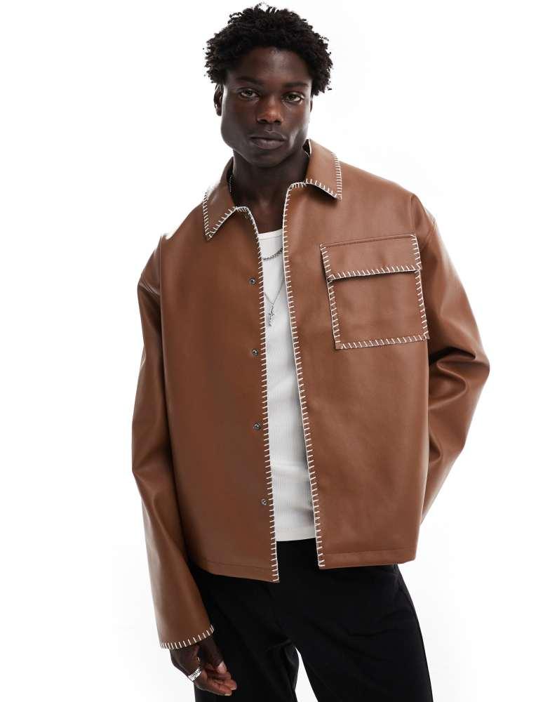 ASOS ASOS DESIGN oversized faux leather harrington jacket with contrast stich in brown