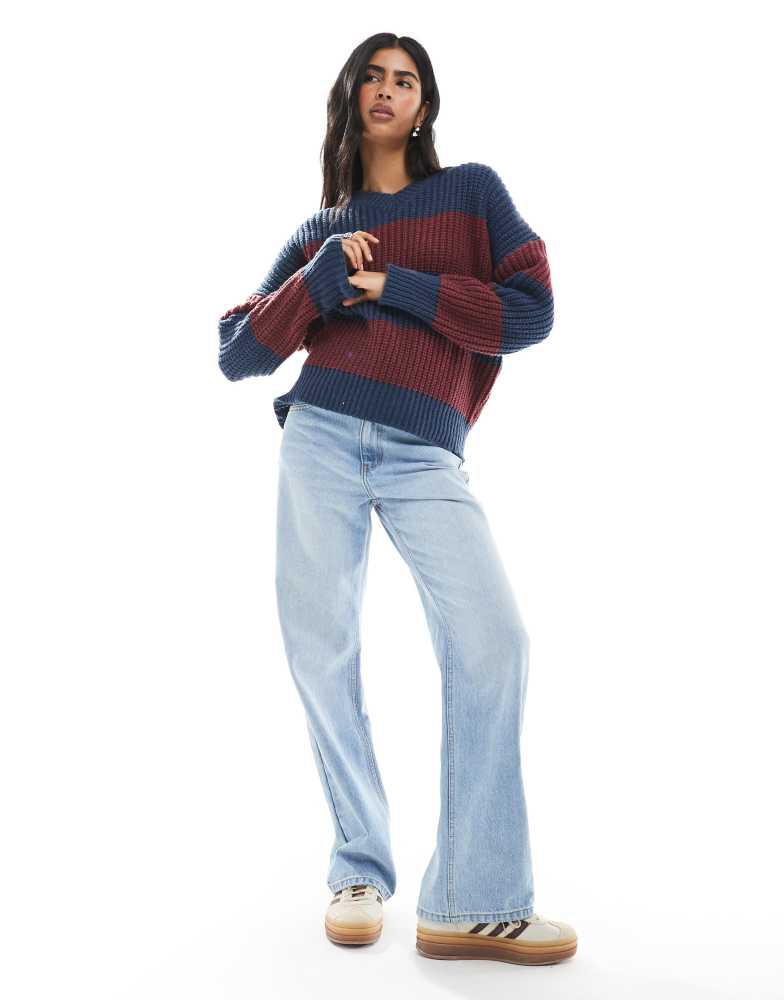 Daisy Street Daisy Street v neck jumper in navy and red stripe