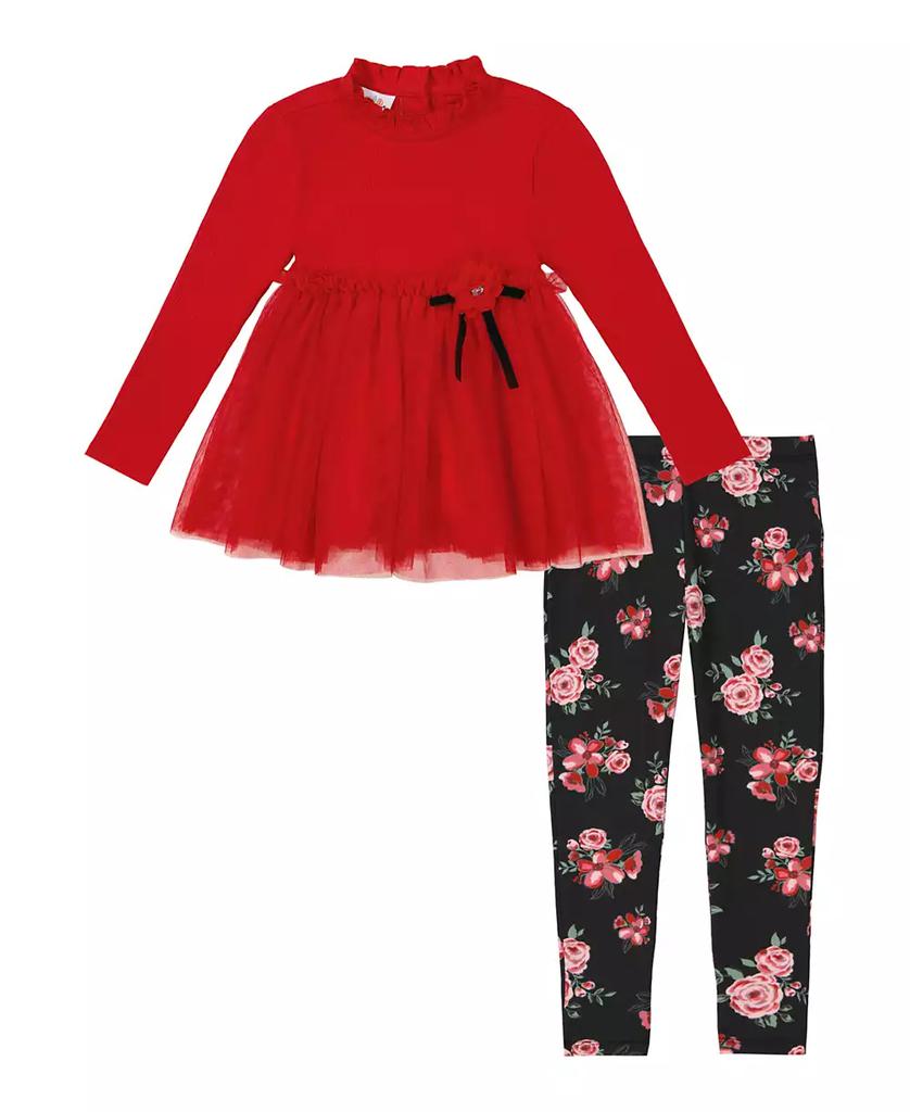 KIDS HEADQUARTERS Baby Girl Ribbing and Mesh Tunic Floral Leggings