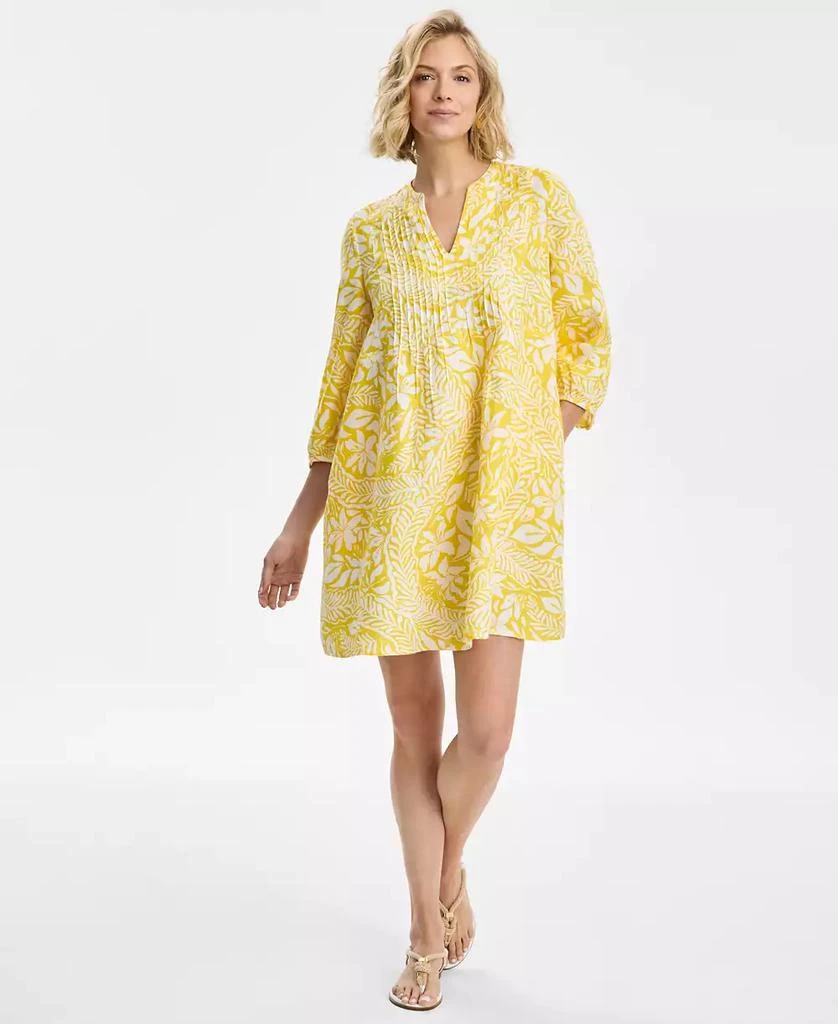 Charter Club Women's Floral-Print Bhavana 3/4-Sleeve 100% Linen Pintuck Dress, Exclusively at Macy's 1