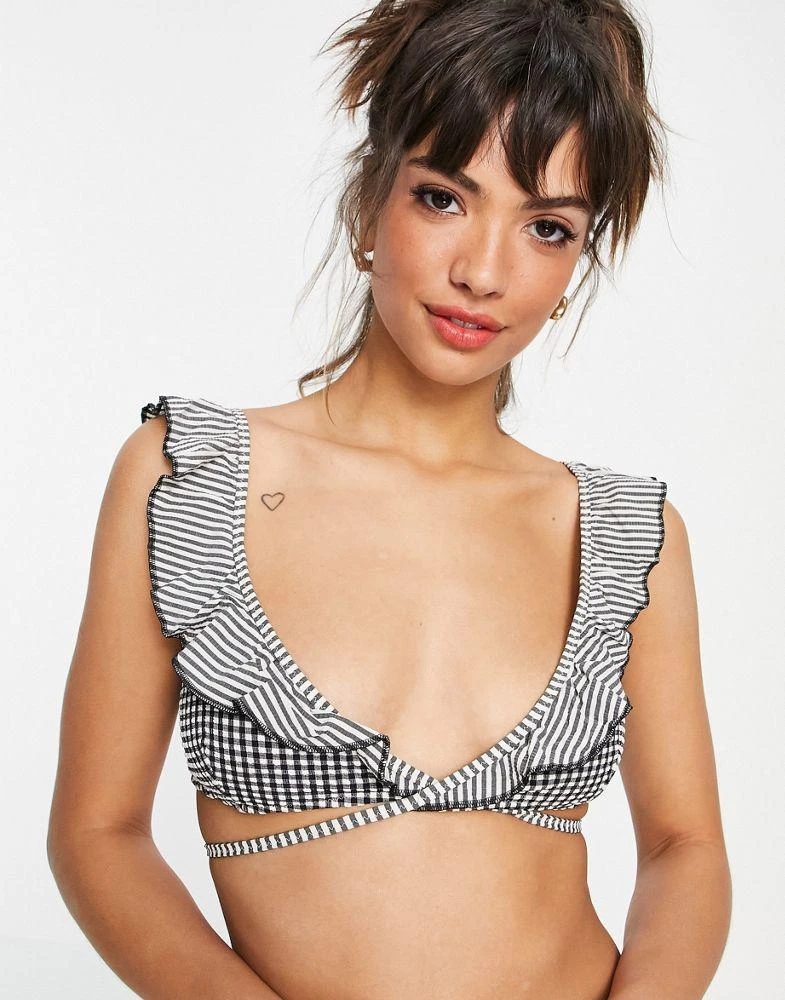 Aerie Aerie scoop wrap ruffle bikini top co-ord in black gingham 4