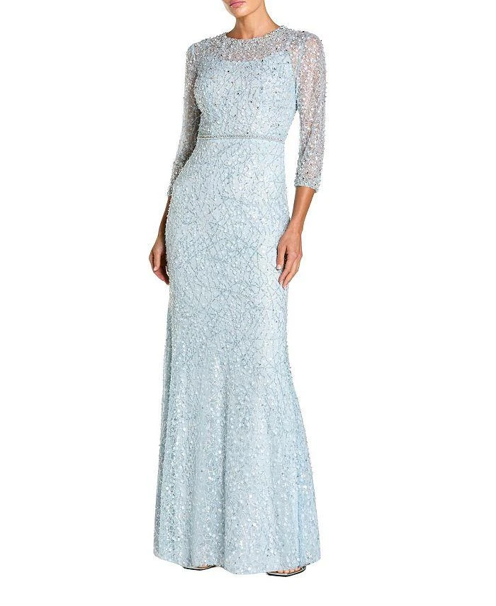 Mac Duggal Beaded Embroidery Elbow Sleeve Column Gown