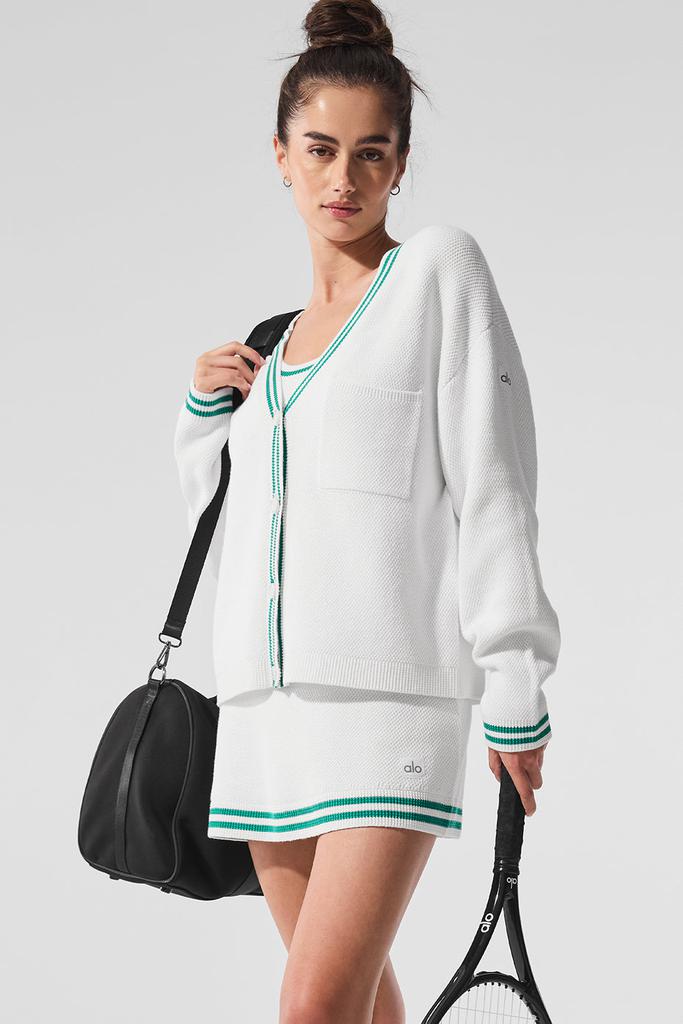 Alo Tennis Club Sweater Knit Cardigan - White/Spruce Green