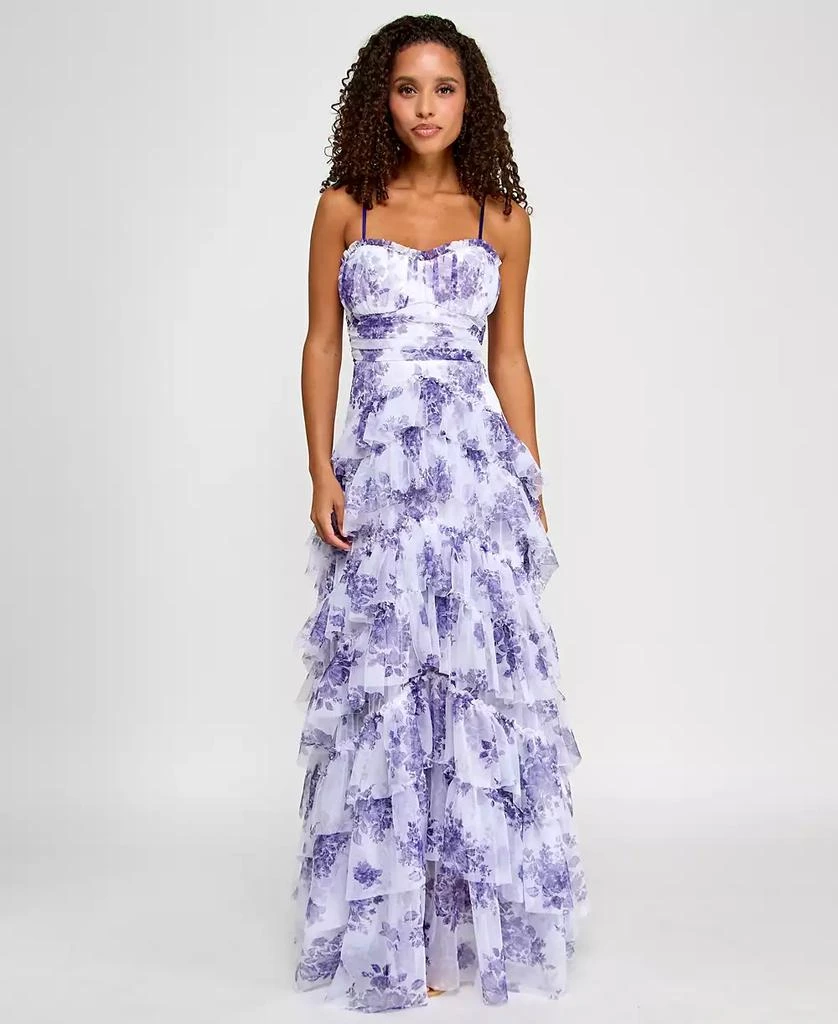 pear culture Juniors' Floral Print Ruffled Sleeveless Gown 1
