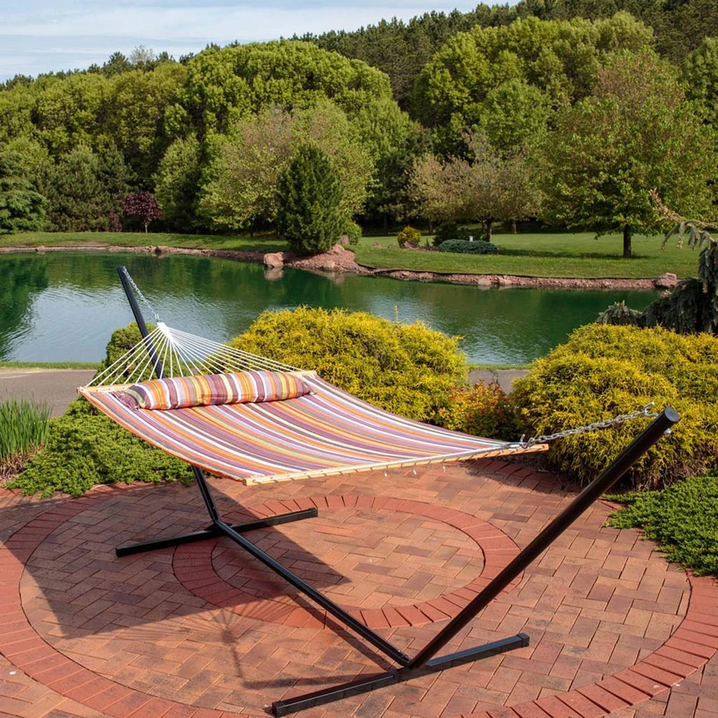 Sunnydaze 2-Person Quilted Fabric Spreader Bar Hammock with Detachable Pillow and Stand - 400 lb Weight Capacity/15' Stand 3